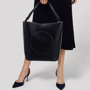 TORY BURCH Perforated Quinn Ella Bombe Logo Leather Hobo Tote Bag Black Tan